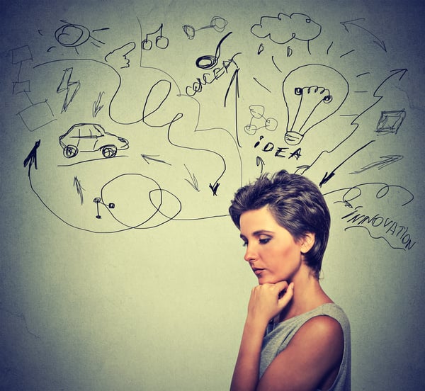 Portrait worried young woman thinking dreaming has many ideas looking down isolated grey wall background. Human emotions feelings life perception. Decision making process concept.